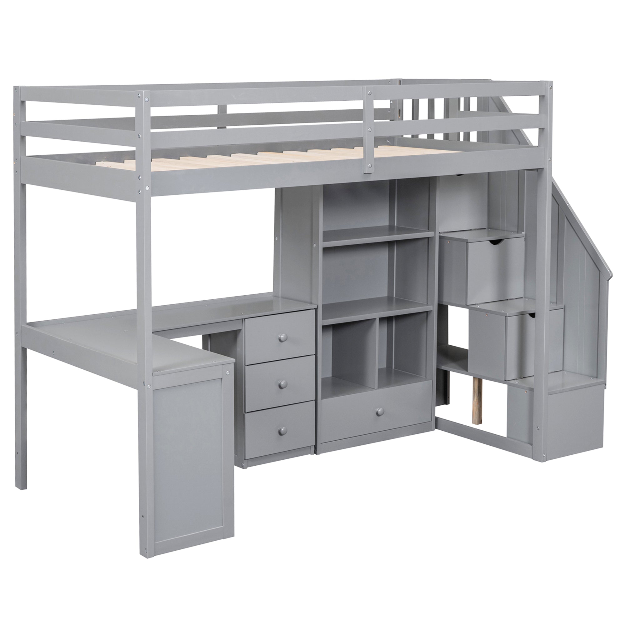 Gray Twin Size Loft Bed with L-Shaped Desk, Drawers, Cabinet and Storage Stai...
