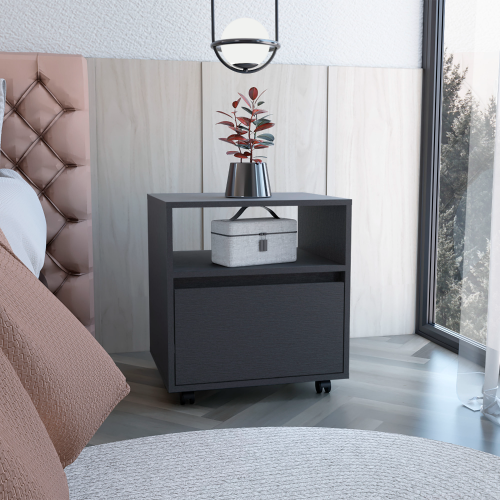 Nightstand - Modern - Laminated Particle Board - Black - Casters