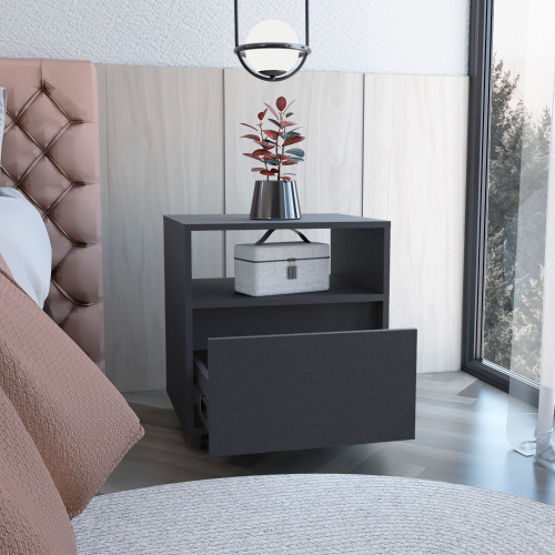 Nightstand - Modern - Laminated Particle Board - Black - Casters