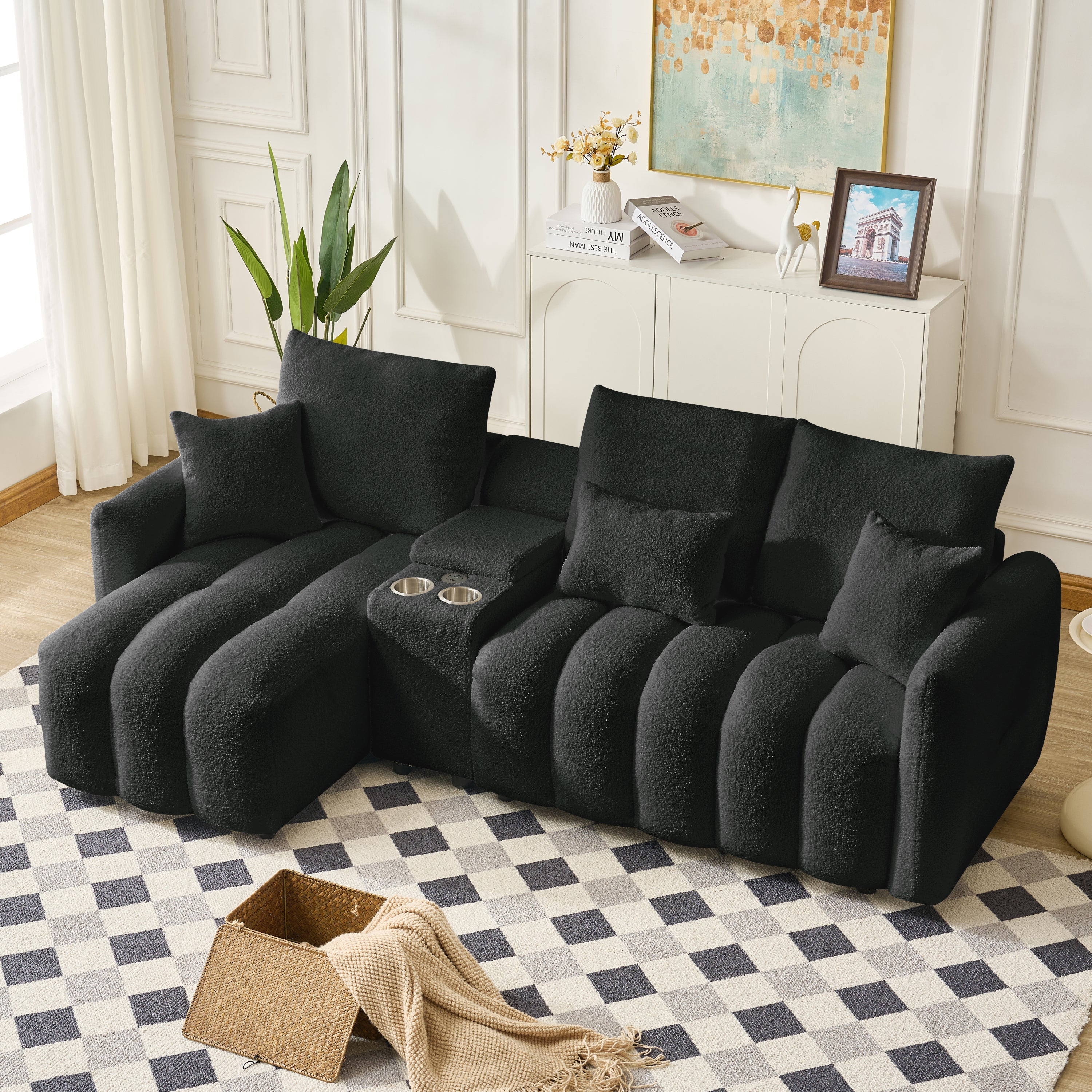 Sectional Sofa Teddy Fabric Black Console USB Cup Holder 3 Seat 330 LB