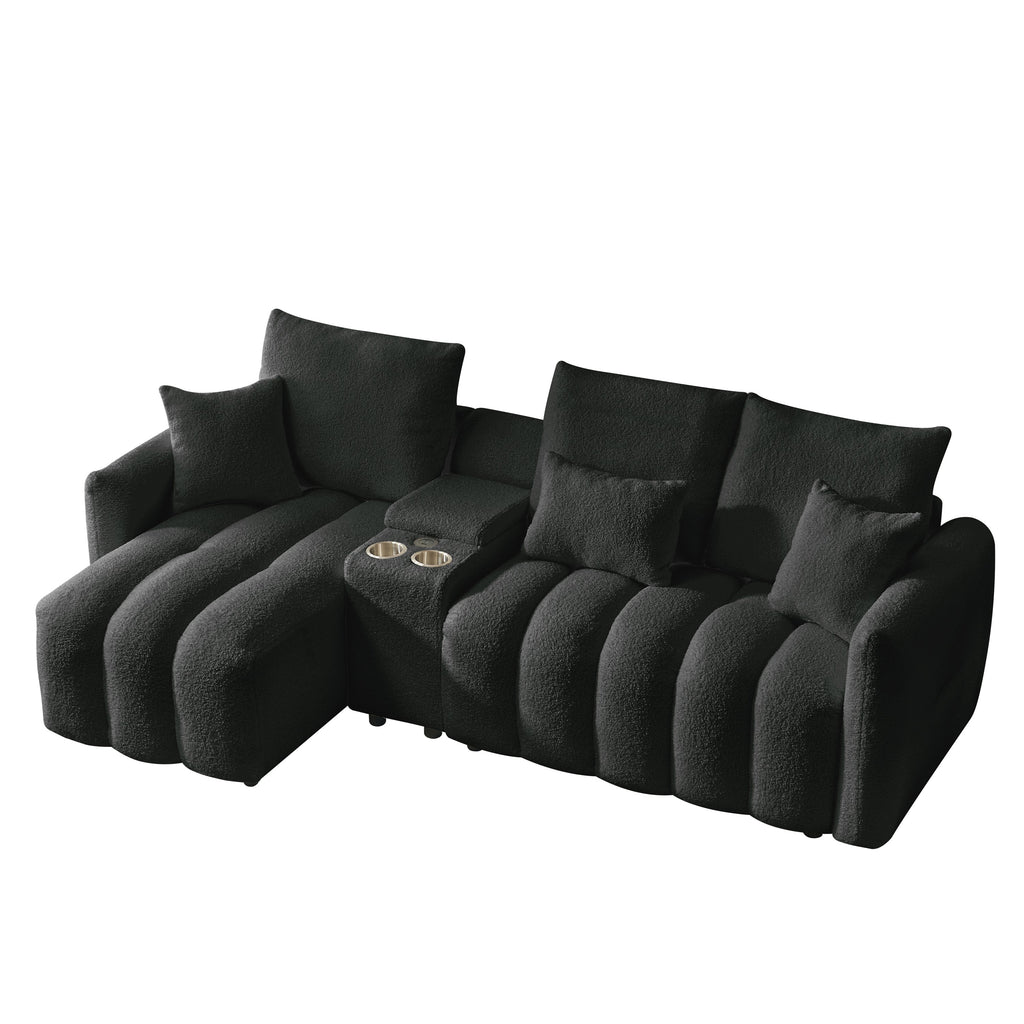 Sectional Sofa Teddy Fabric Black Console USB Cup Holder 3 Seat 330 LB