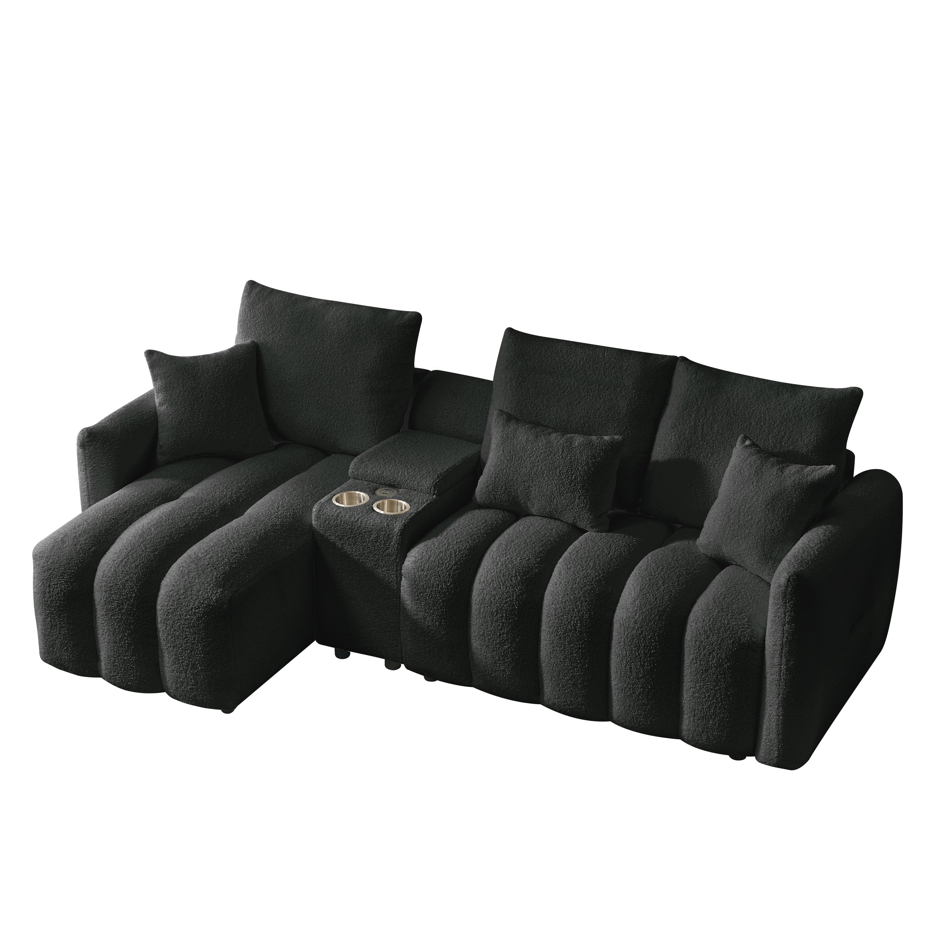 Sectional Sofa Teddy Fabric Black Console USB Cup Holder 3 Seat 330 LB