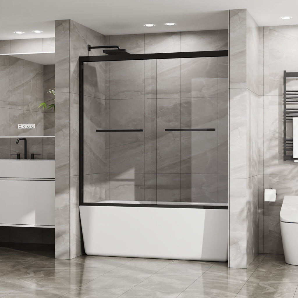 Double Sliding Bathtub Shower Door with SGCC Clear Tempered Glass, Matte Blac