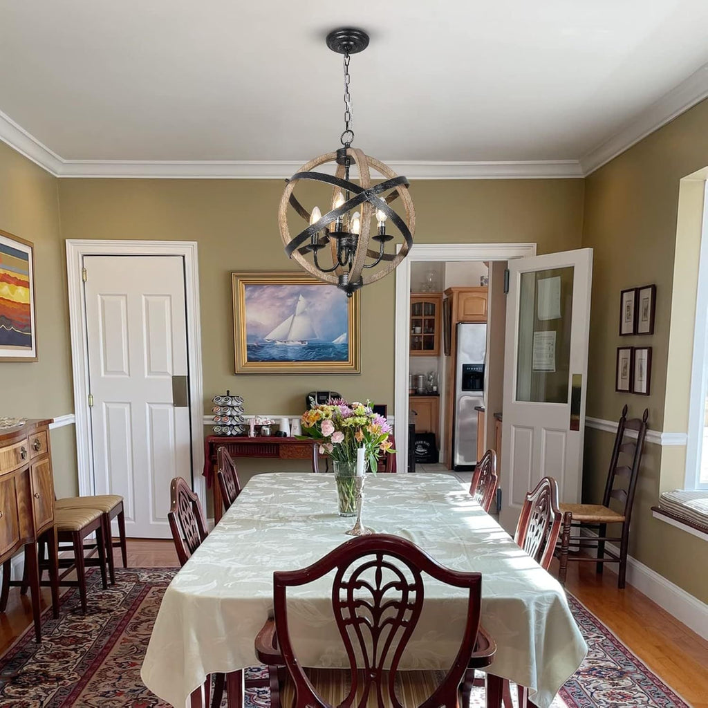 Chandelier Farmhouse 4-Light Rustic Wood Adjustable Kitchen Living