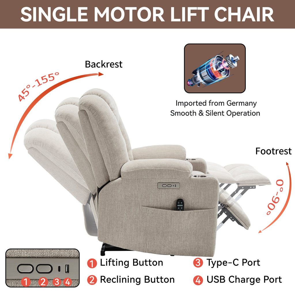Power Lift Recliner Chair Massage Heat USB Ports Beige