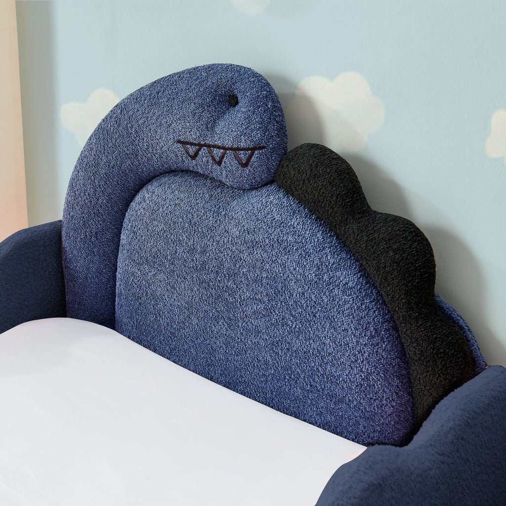 Twin Size Dinosaur Kids Bed Frame, Navy Blue Boucle Fabric