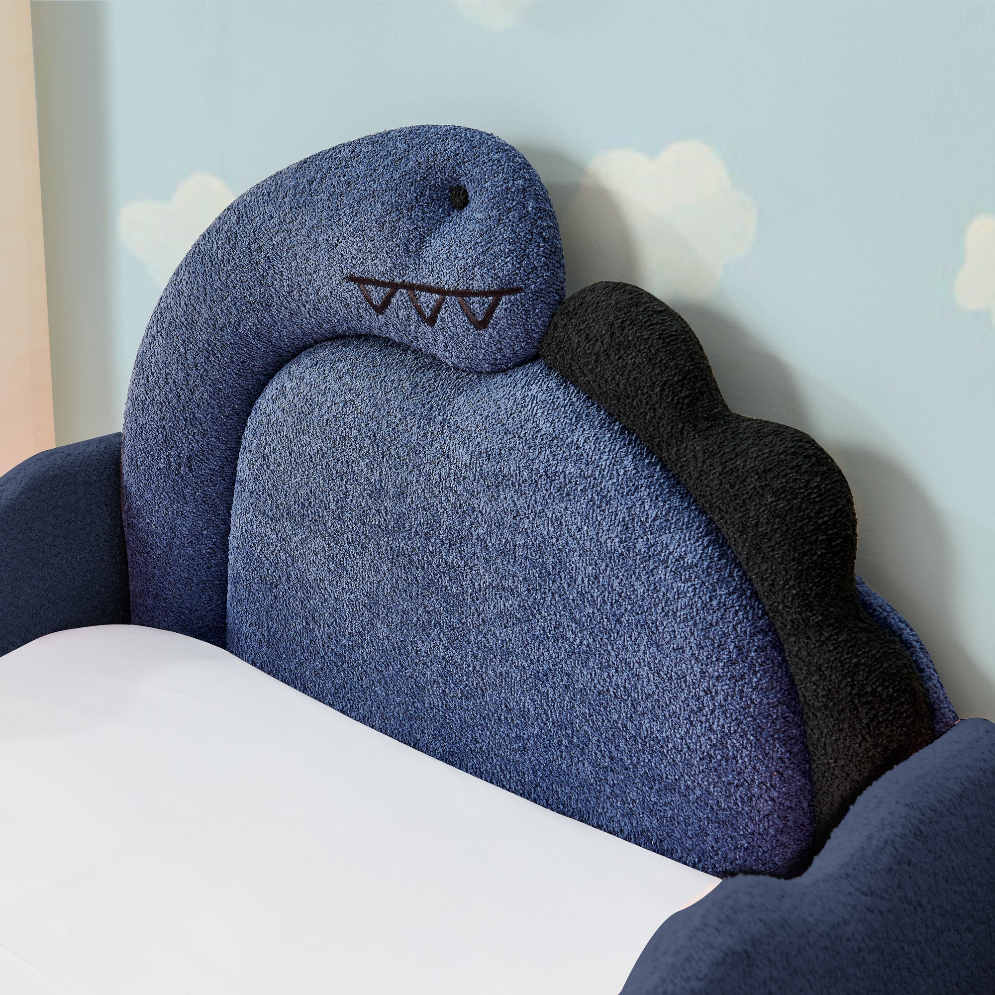 Twin Size Dinosaur Kids Bed Frame, Navy Blue Boucle Fabric