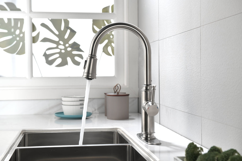 Single Handle High Arc Pull Out Kitchen Faucet, Single Level Stainless Steel
