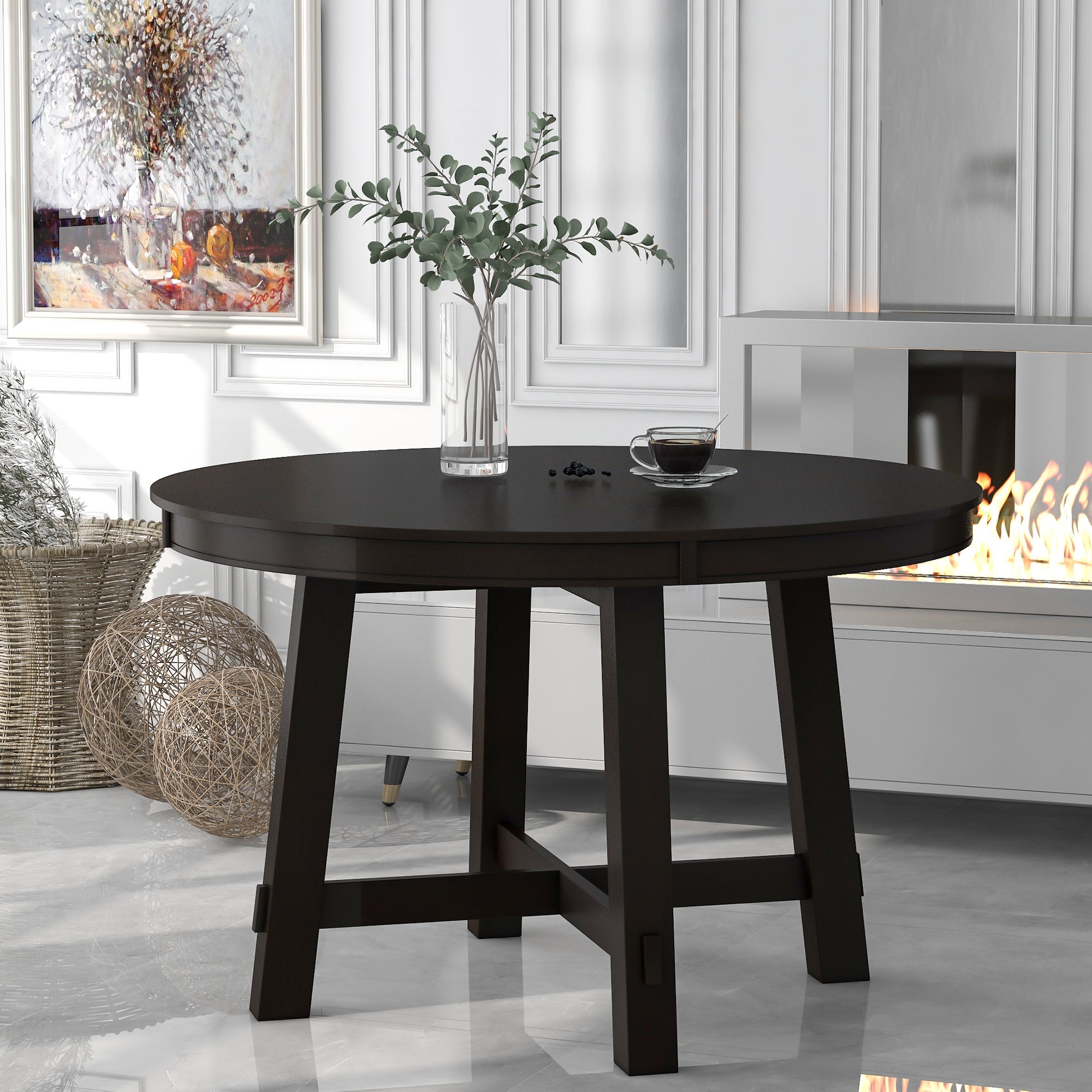 Gia Round Extendable Dining Table with 16' Leaf, Espresso Wood