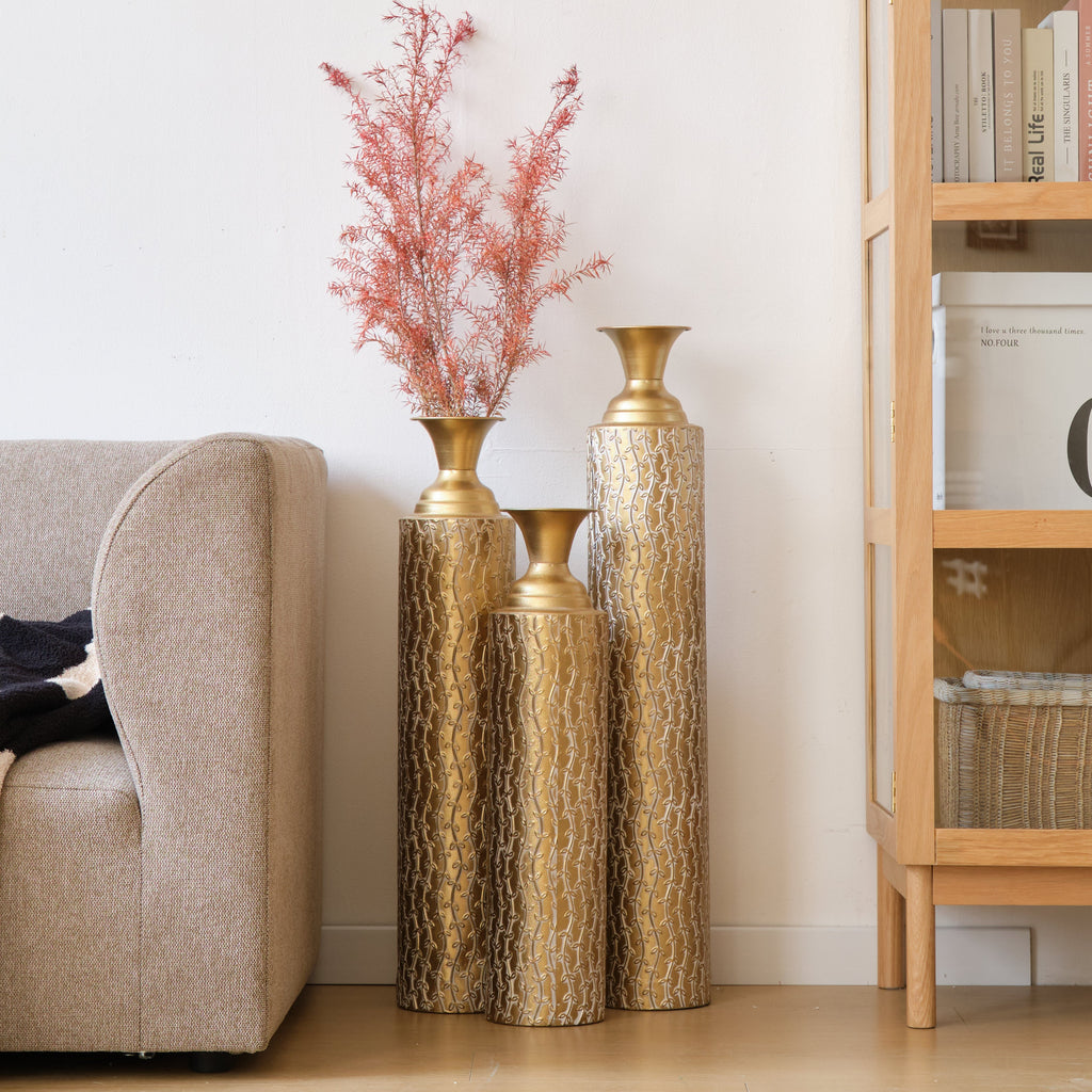 Set of 3 Gold Distressed Metal Vases with Vine Pattern 34