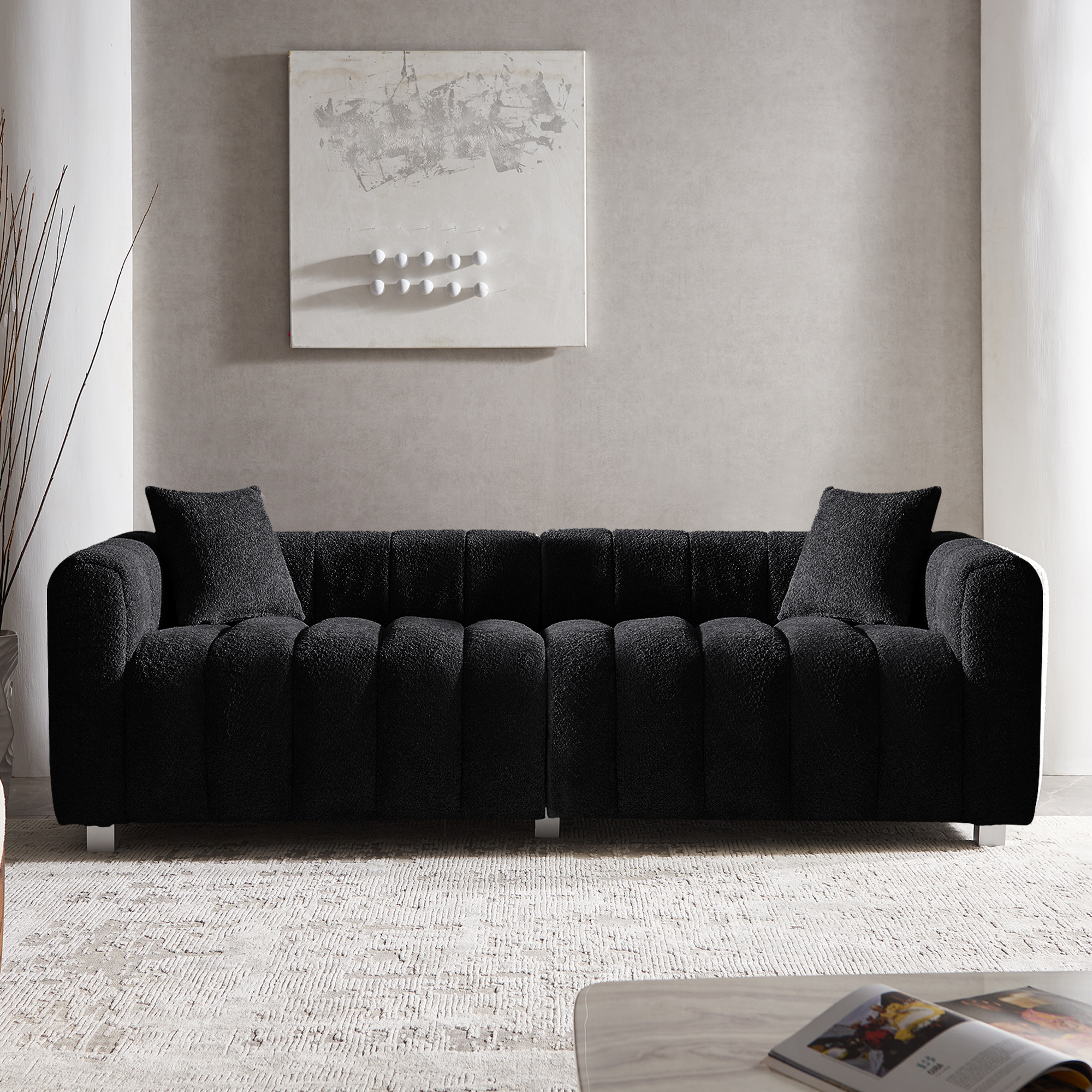 Sofa Modular Velvet Teddy Black 3 Seat Metal Legs 87 In 750 LB