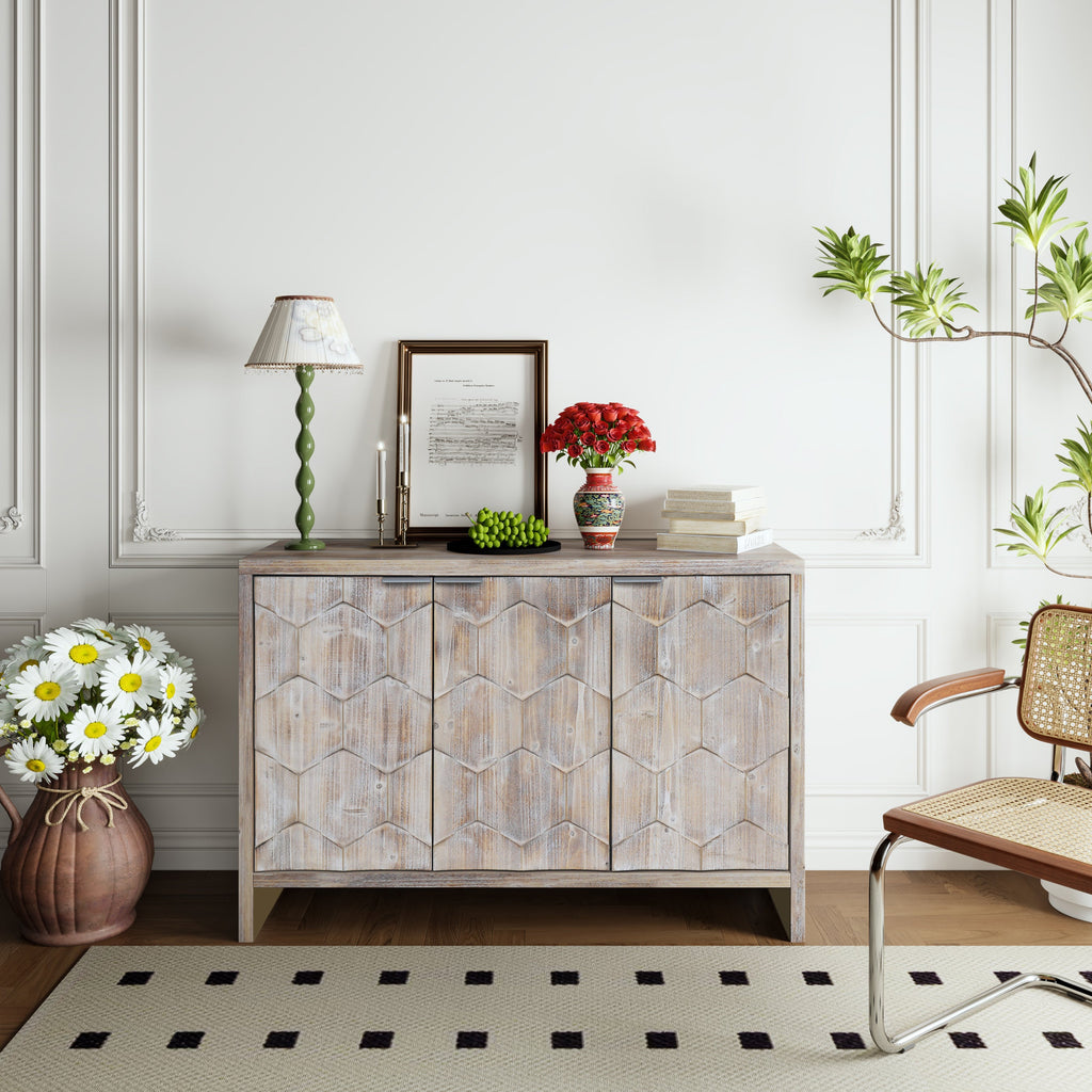 Farmhouse 3 Door Wooden Sideboard Cabinet Storage Natural Wood