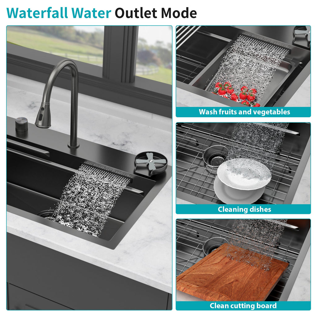 Gunmetal Black Waterfall Kitchen Sink 31.5" Pull-Out Faucet