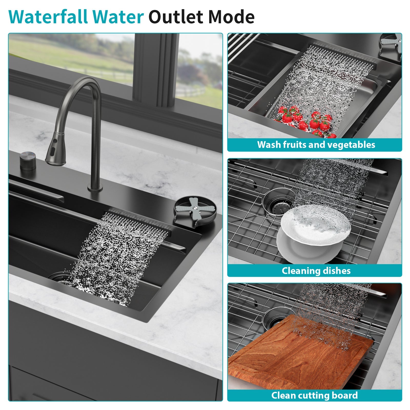 Gunmetal Black Waterfall Kitchen Sink 31.5" Pull-Out Faucet