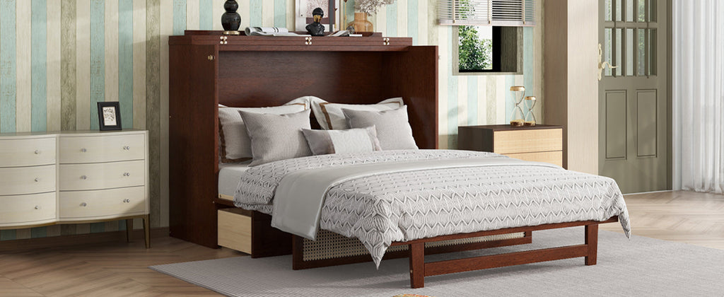 Queen Size Pine Wood Murphy Bed with Storage Drawer