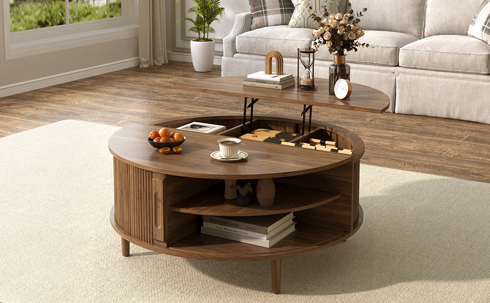 Round Lift-Top Coffee Table with Hidden Storage Sliding Door