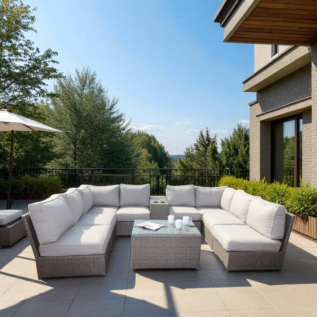 Outdoor Sectional Set HDPE Wicker Aluminum Gray 10 Piece Seats 6