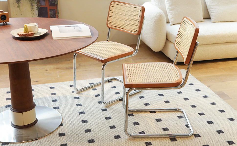 Set of 2 Rattan Side Chairs with Chrome Legs, Mid Century Modern