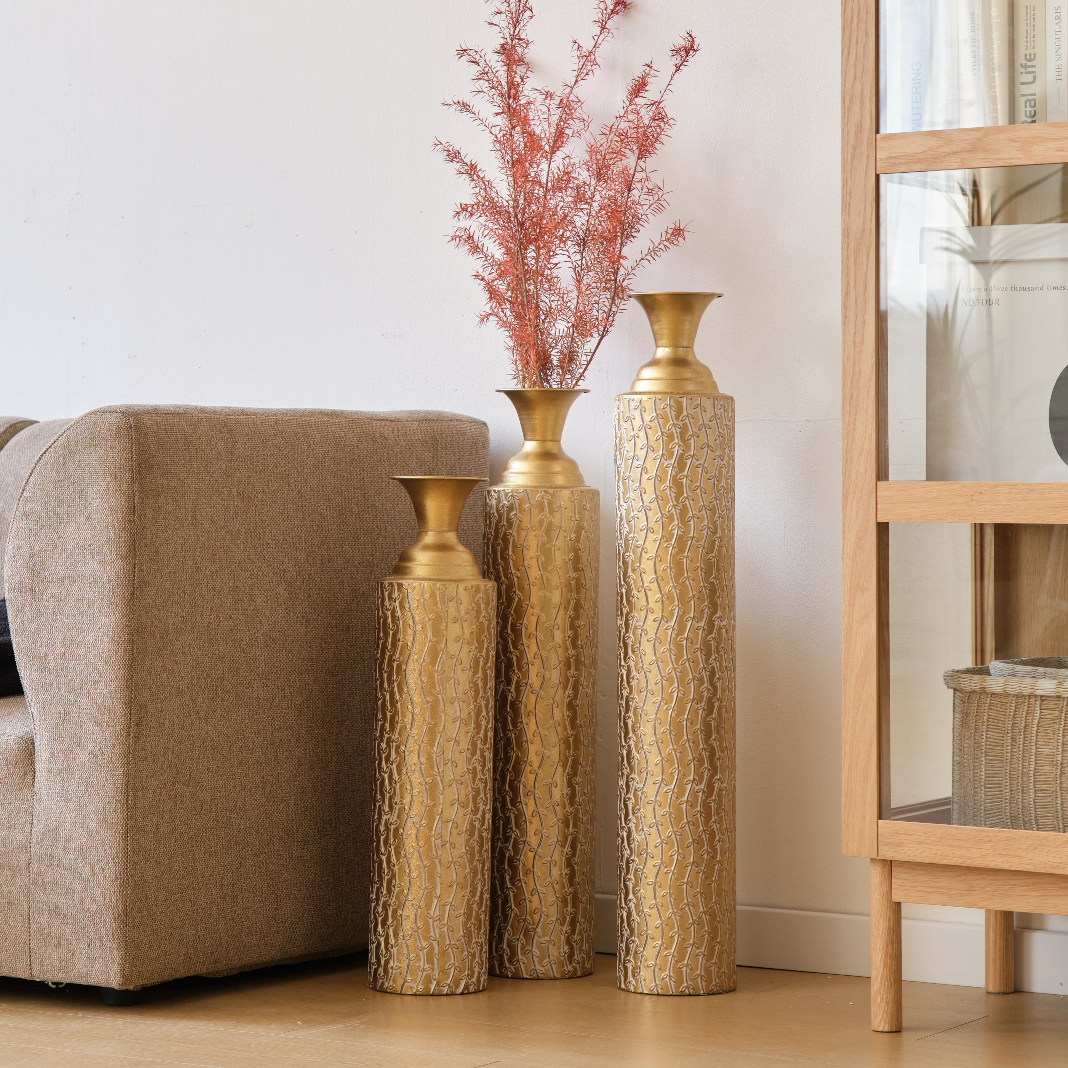 Set of 3 Gold Distressed Metal Vases with Vine Pattern 34