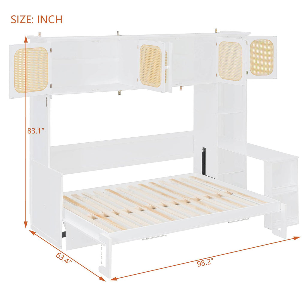Murphy Bed with Desk and Rattan Cabinets, Warm White
