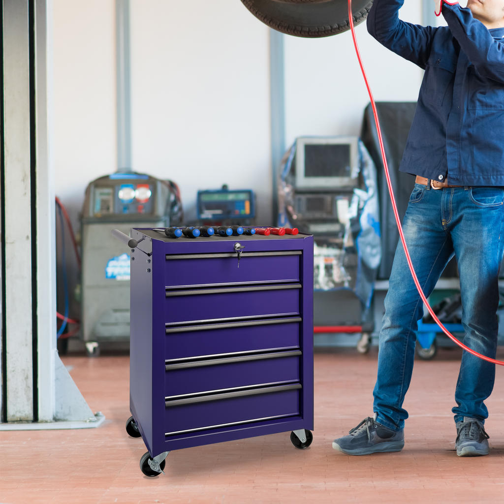 5-Drawer Rolling Metal Tool Chest Cabinet, Purple Steel Storage