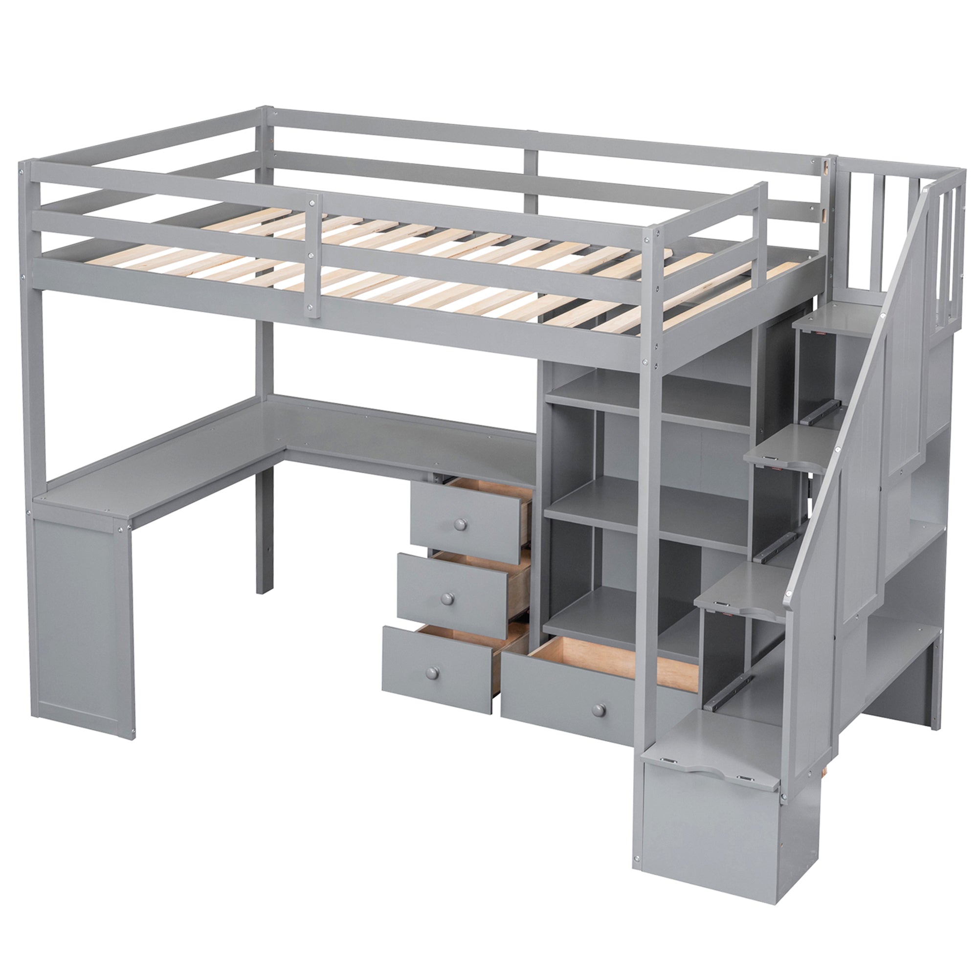 Gray Twin Size Loft Bed with L-Shaped Desk, Drawers, Cabinet and Storage Stai...