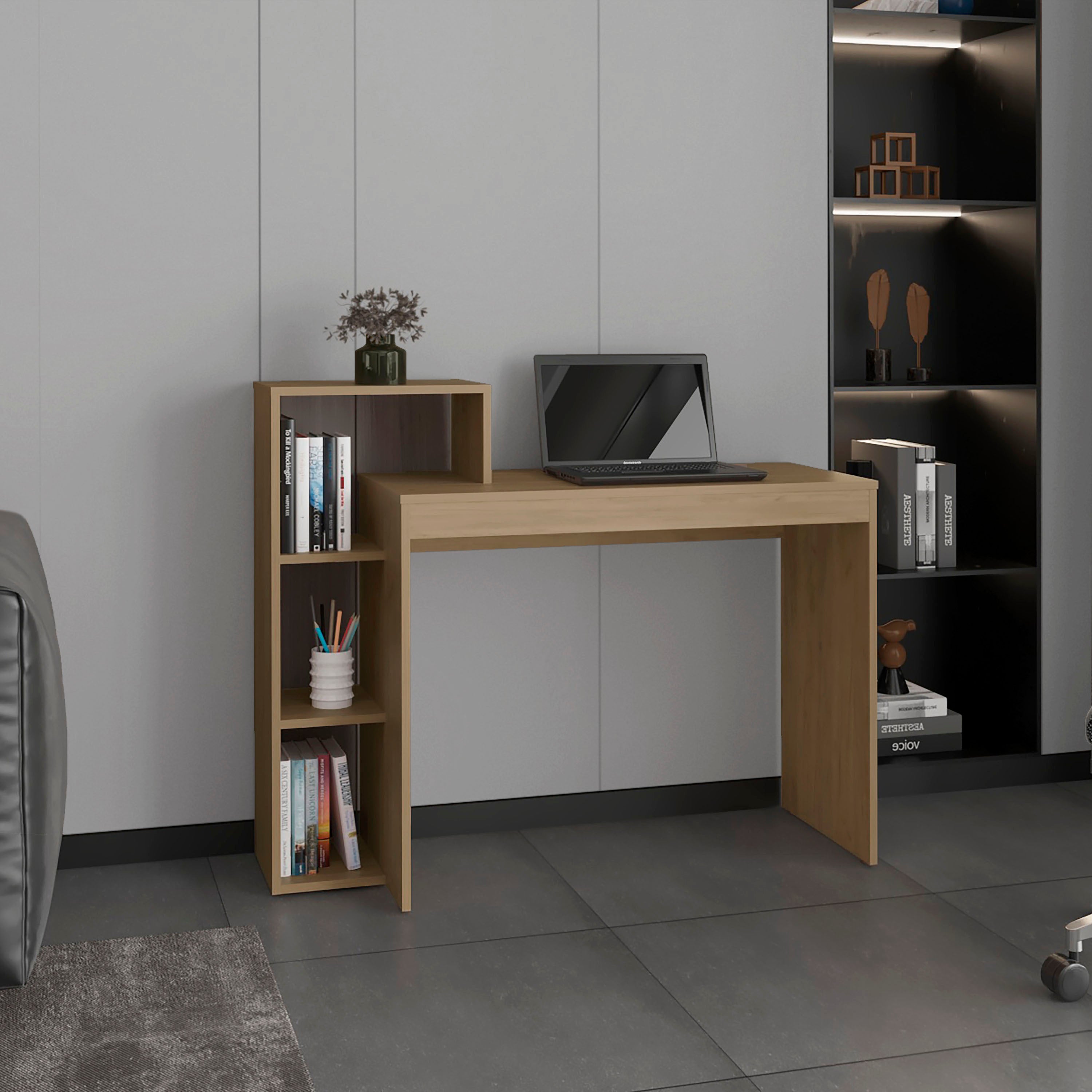 43in Wide Four Shelves Writing Desk, Home Office, Living Room, Natural Oak