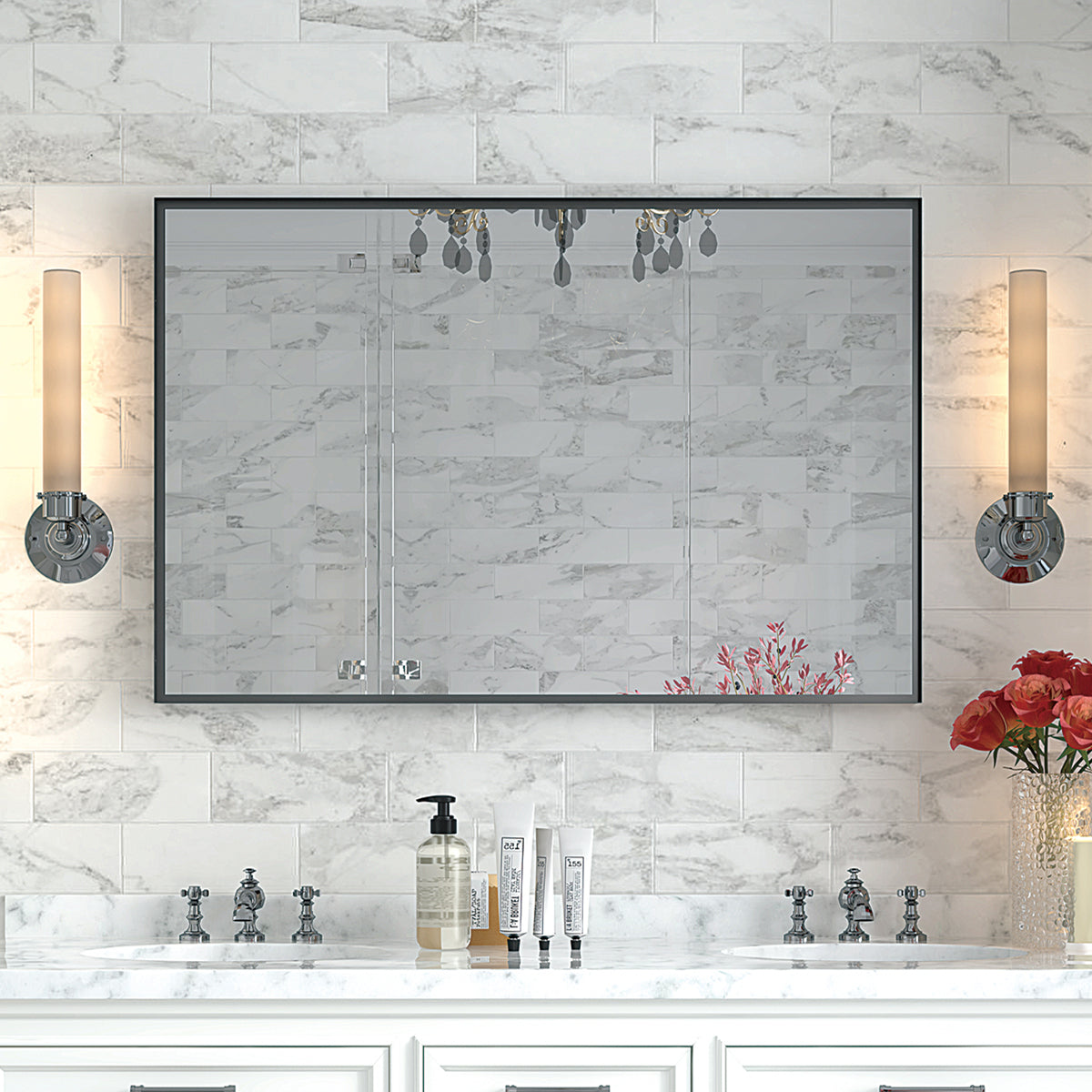 40x30" Glossy Black Bathroom Vanity Mirror Rectangle Wall Mount