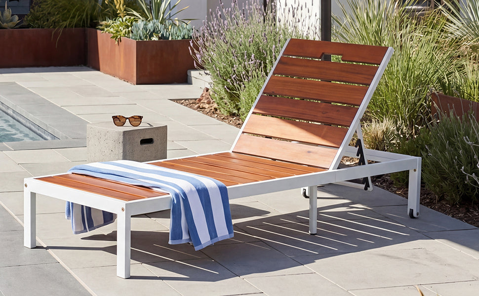Outdoor Chaise Lounge Acacia Wood Steel Frame White Brown 78.7