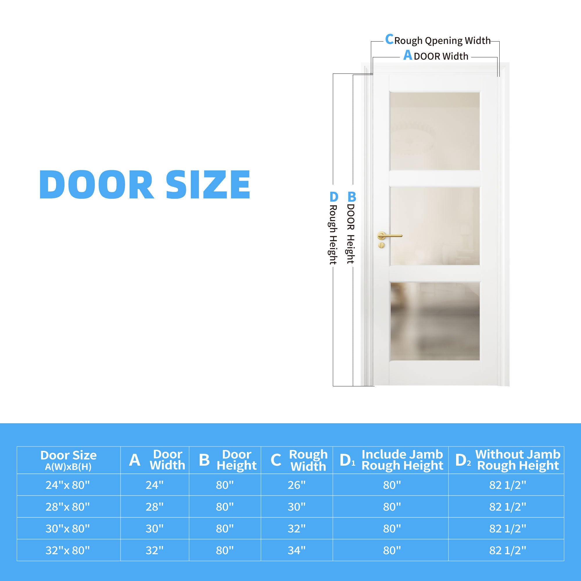 28" x 80" 3-Lite French Tempered Frosted Glass Interior Door Slab