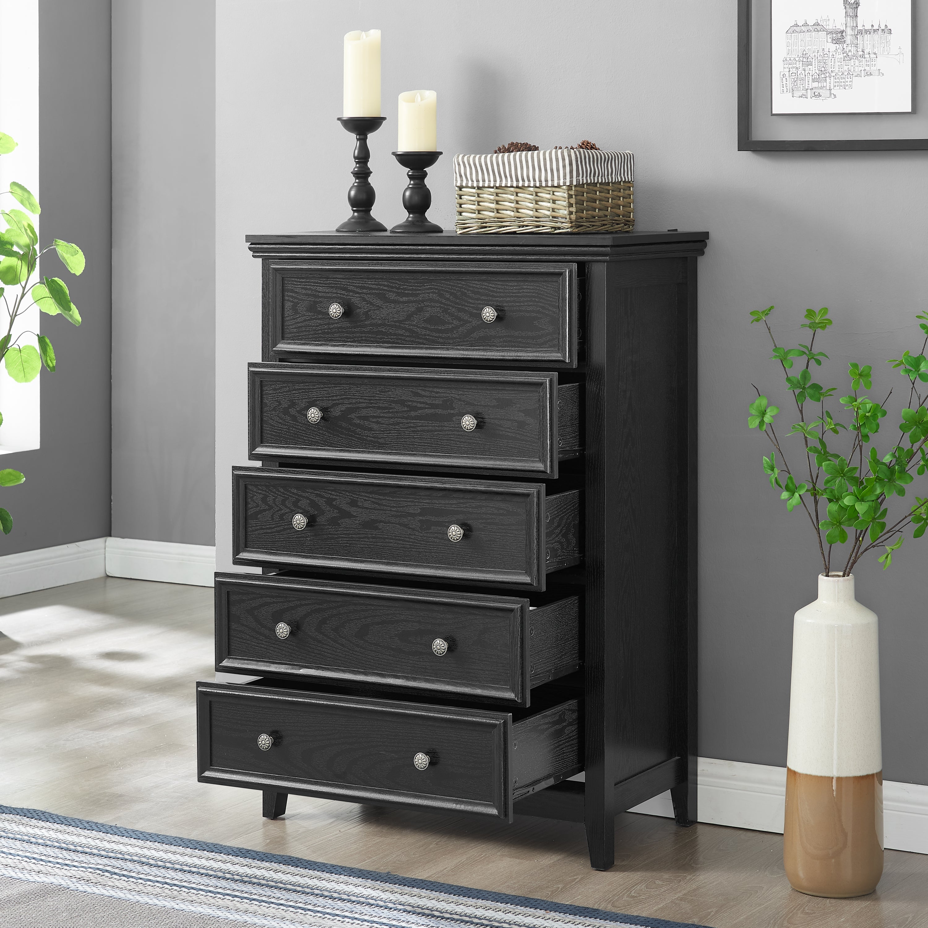 Black 5 Drawer Dresser Chest Cabinet Storage Organizer