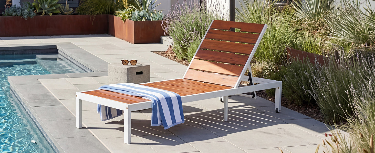 Outdoor Chaise Lounge Acacia Wood Steel Frame White Brown 78.7