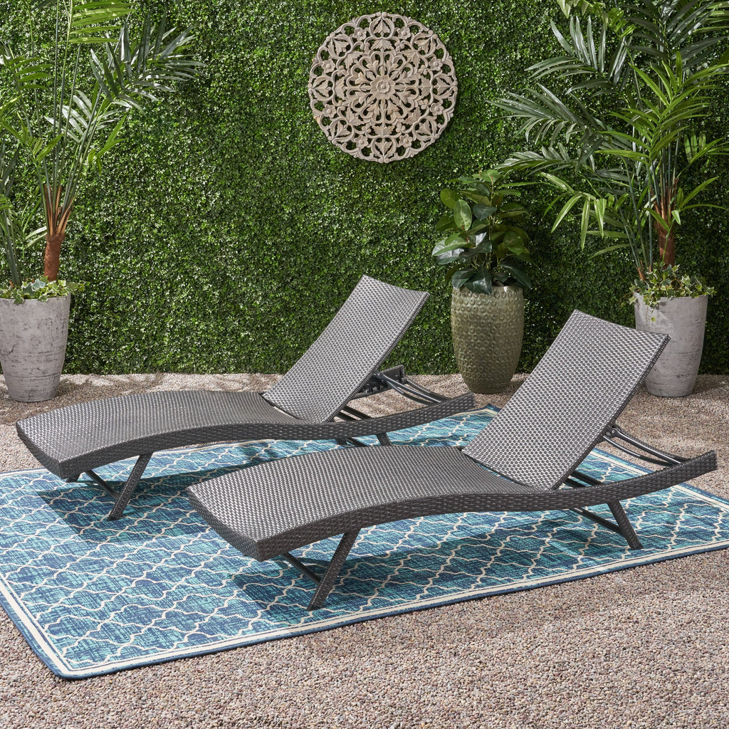 Set of 2 Grey Wicker Chaise Lounge Reclining Seats