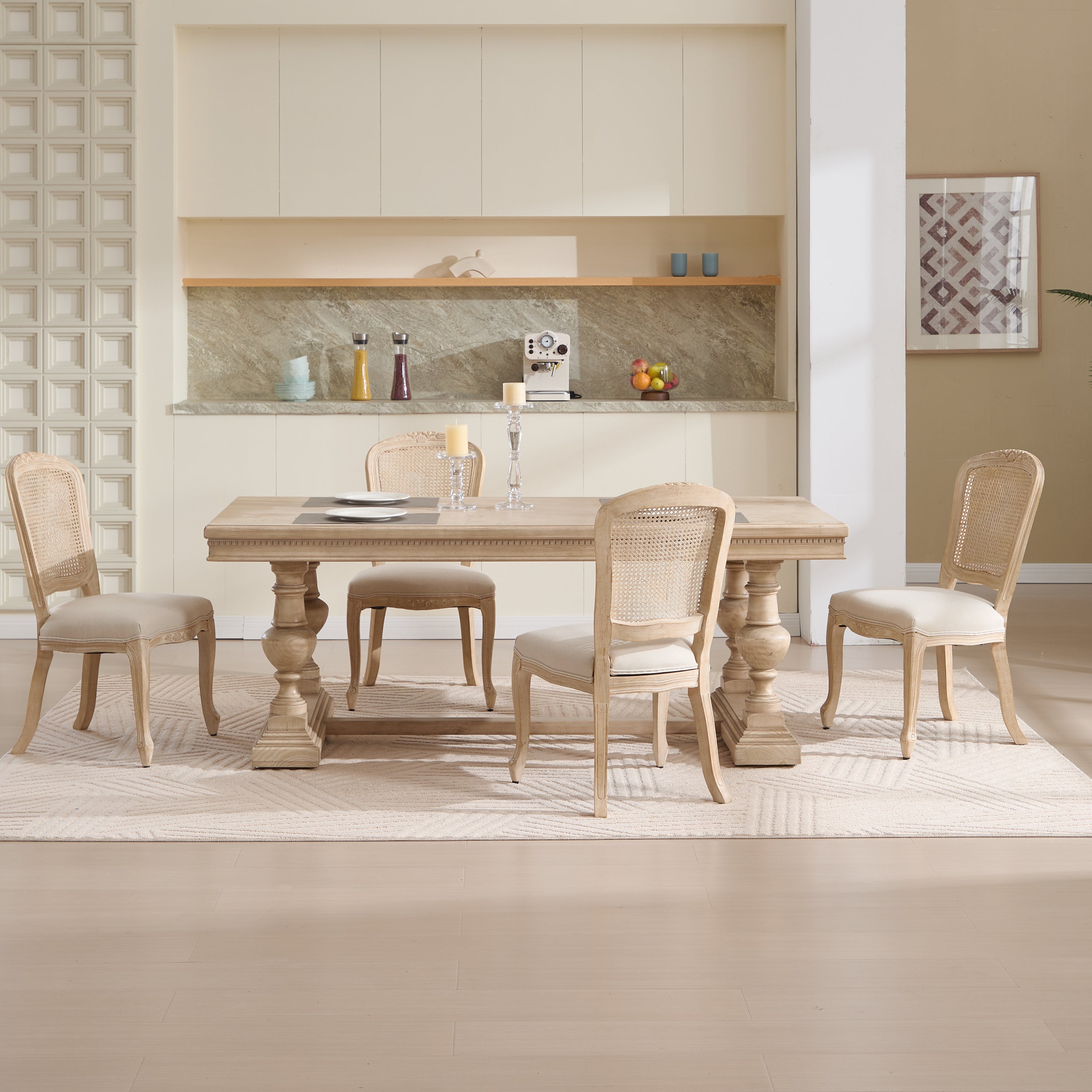 French Country Upholstered Dining Chairs Set of 2, Beige