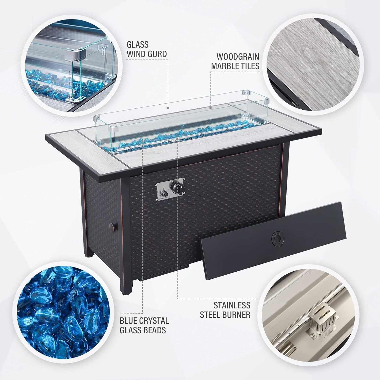 9 Pcs Patio Sectional Outdoor Furniture 45 Inches Fire Pit Outdoor Sectional Patio Furniture 60000 BTU Steel Propane Fire Pit Table Glass Wind Guard No-Slip 5" Cushions Waterproof Covers, Grey