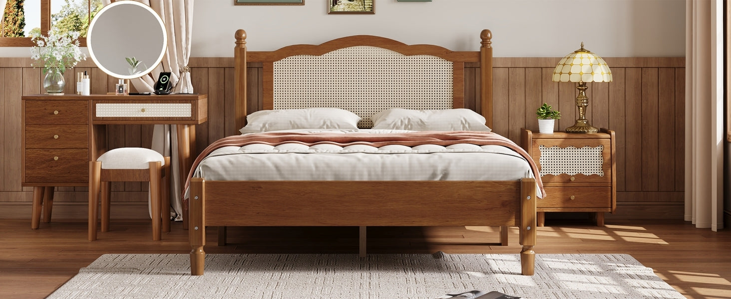 Full Size Wooden Platform Bed with Rattan Headboard