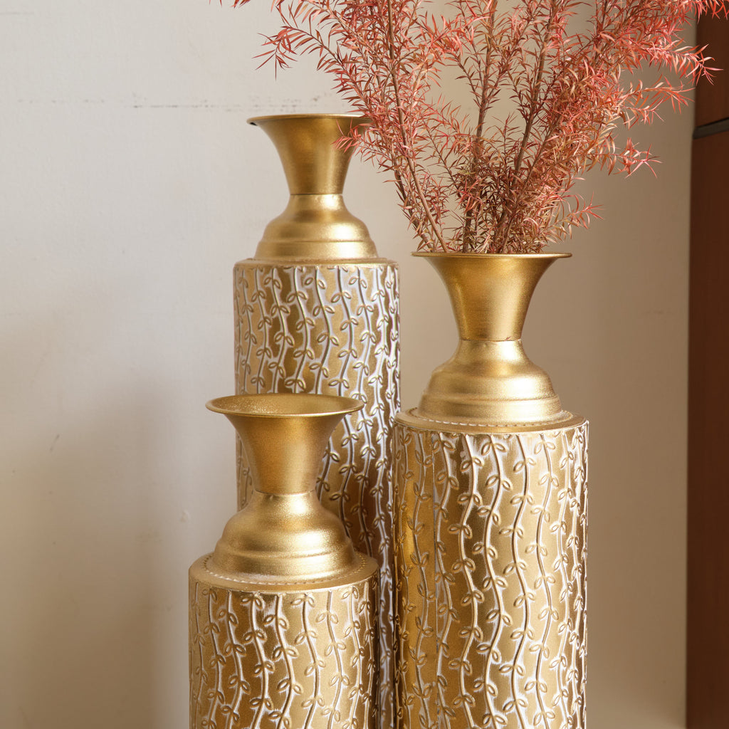 Set of 3 Gold Distressed Metal Vases with Vine Pattern 34