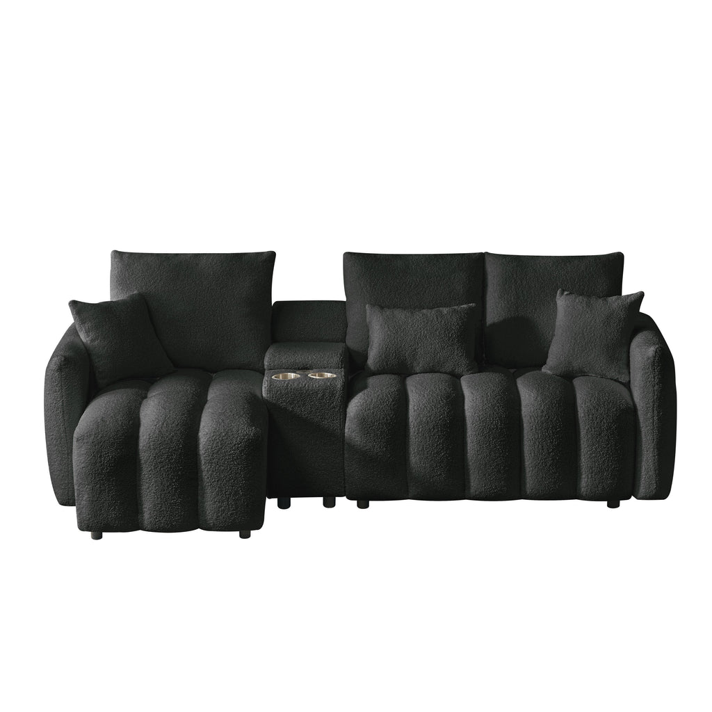 Sectional Sofa Teddy Fabric Black Console USB Cup Holder 3 Seat 330 LB