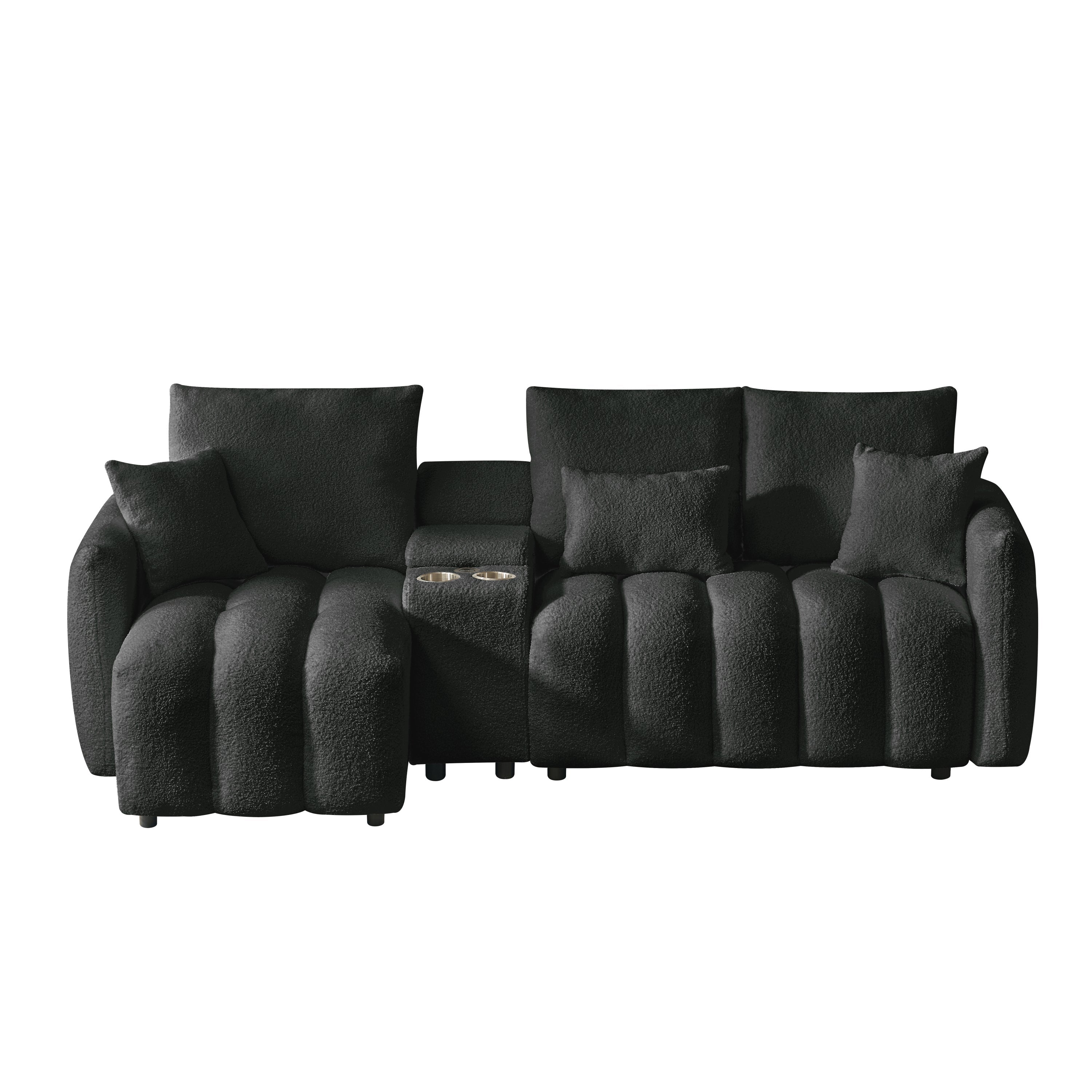 Sectional Sofa Teddy Fabric Black Console USB Cup Holder 3 Seat 330 LB