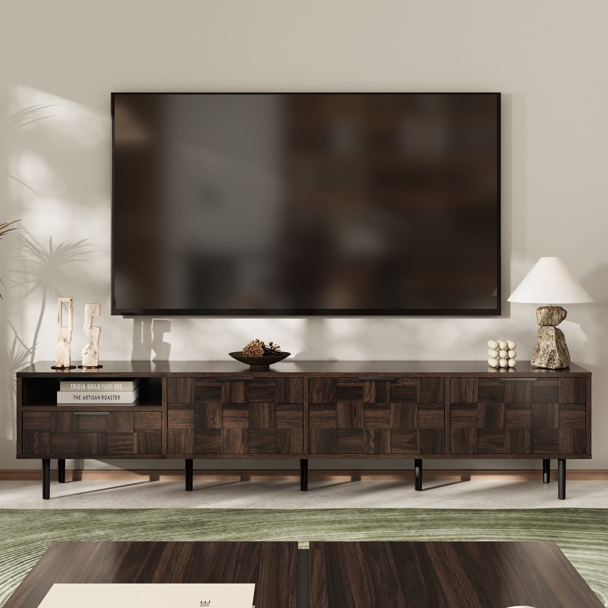 TV Stand Mid-Century Walnut MDF Soft-Close Doors Fits 85 In TV 78.7 In