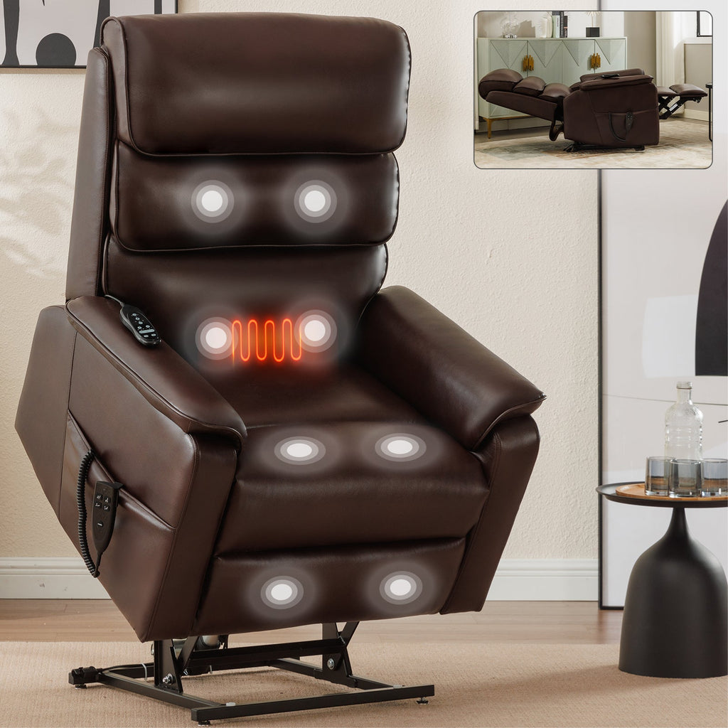 Brown Leather Power Lift Recliner Chair 350 LBS Heat Massage