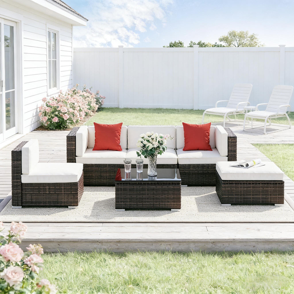 Outdoor Sectional Set PE Rattan Steel Brown Cream 6 Piece 395 LB