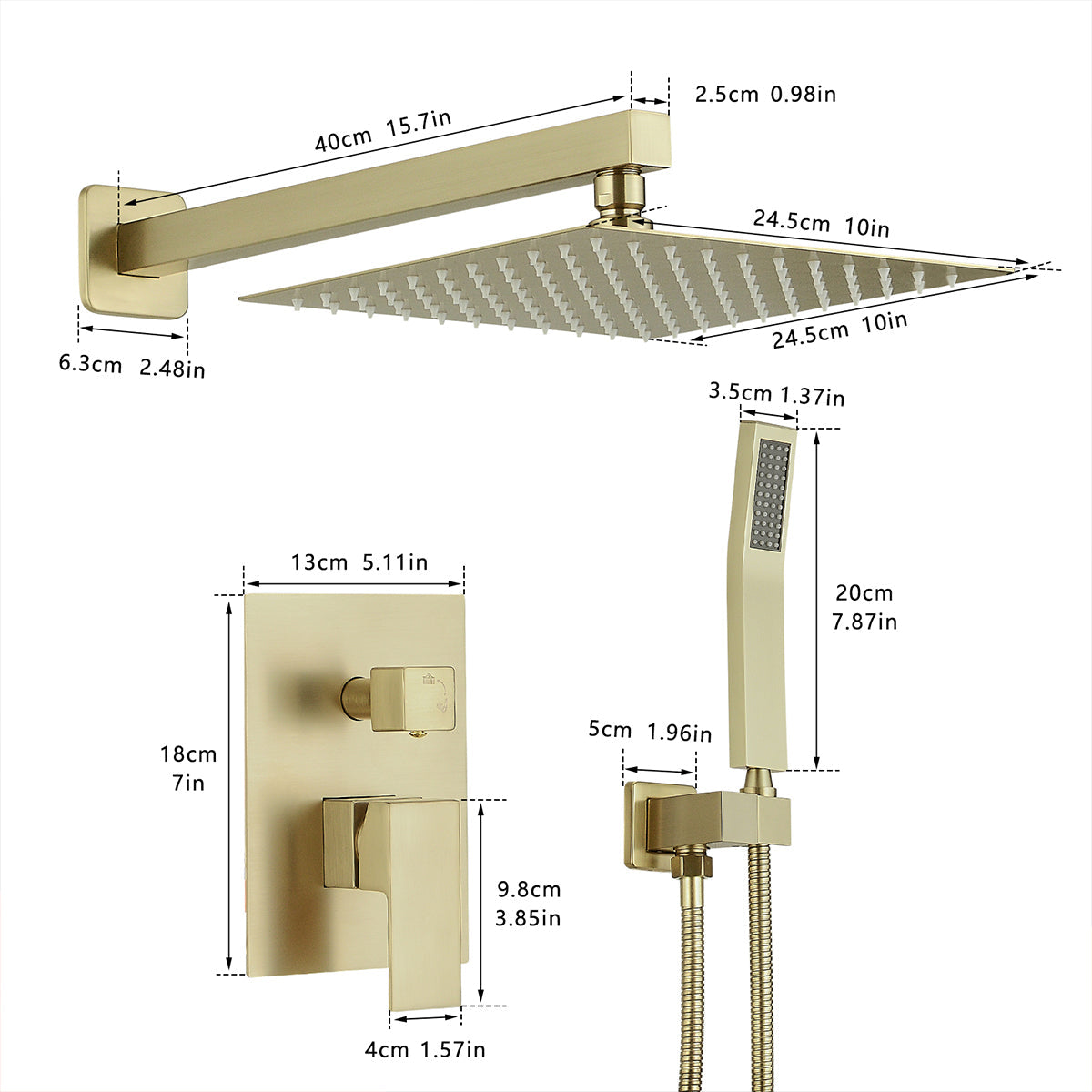 Brushed Gold 10" Rainfall Shower System Wall Mounted Mixer