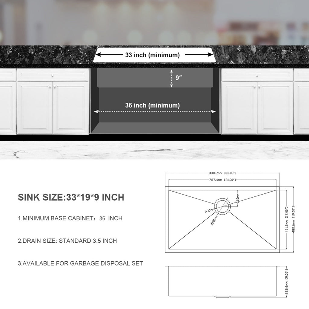 33" Undermount Stainless Steel Kitchen Sink Single Bowl 16G