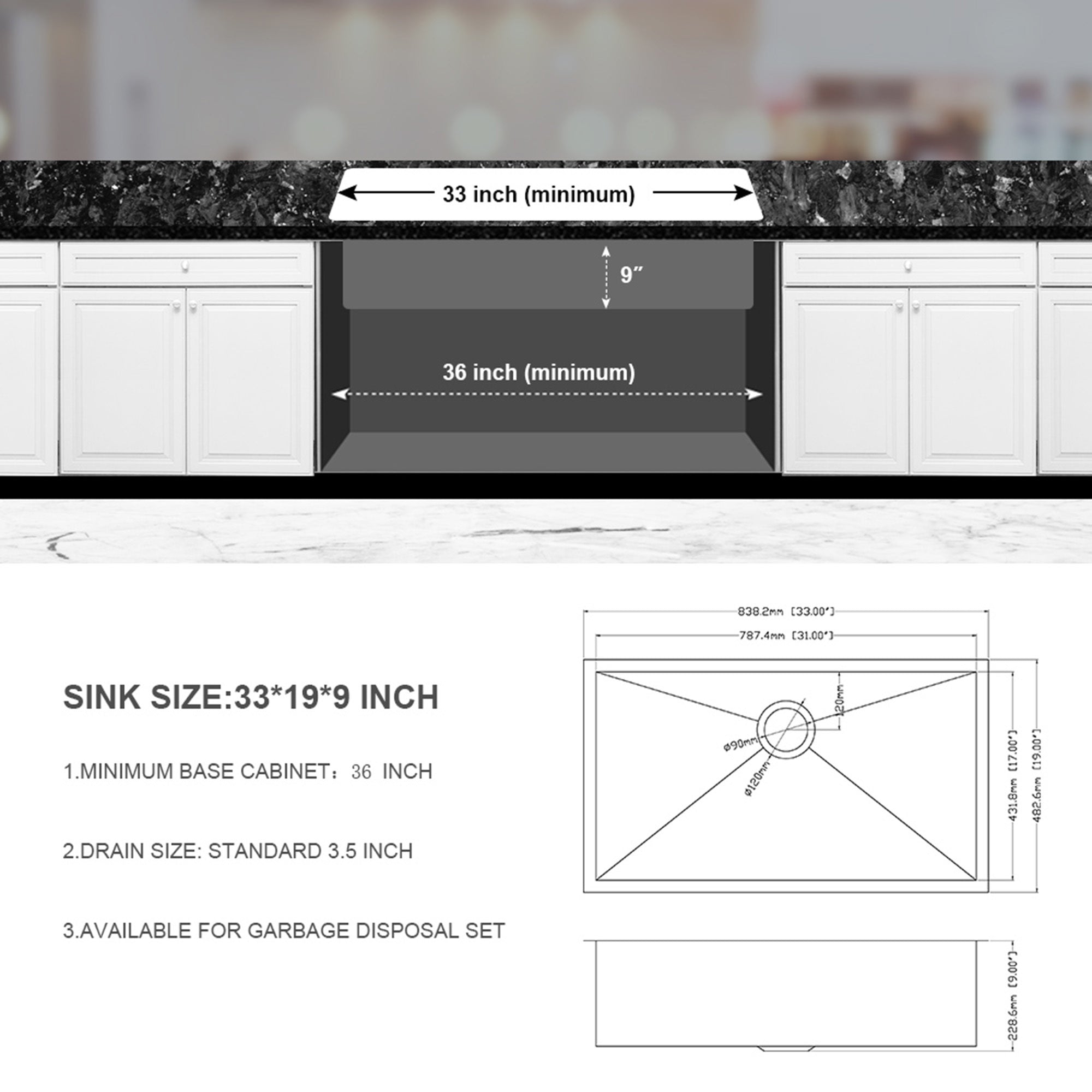 33" Undermount Stainless Steel Kitchen Sink Single Bowl 16G