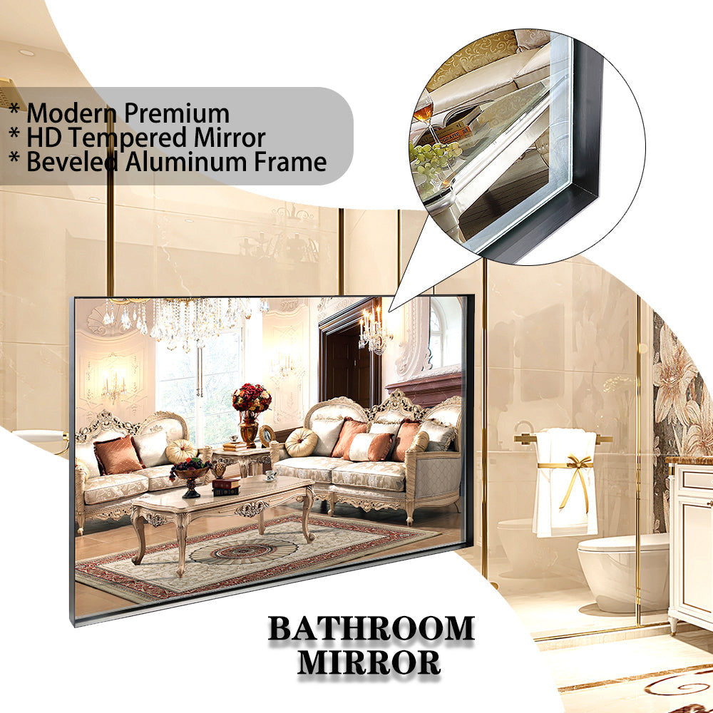 40x30" Glossy Black Bathroom Vanity Mirror Rectangle Wall Mount