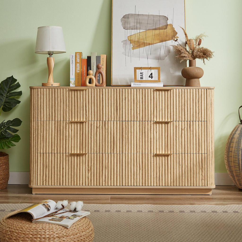 6 Drawer Dresser 55"W Curved Wave Design Walnut Wood