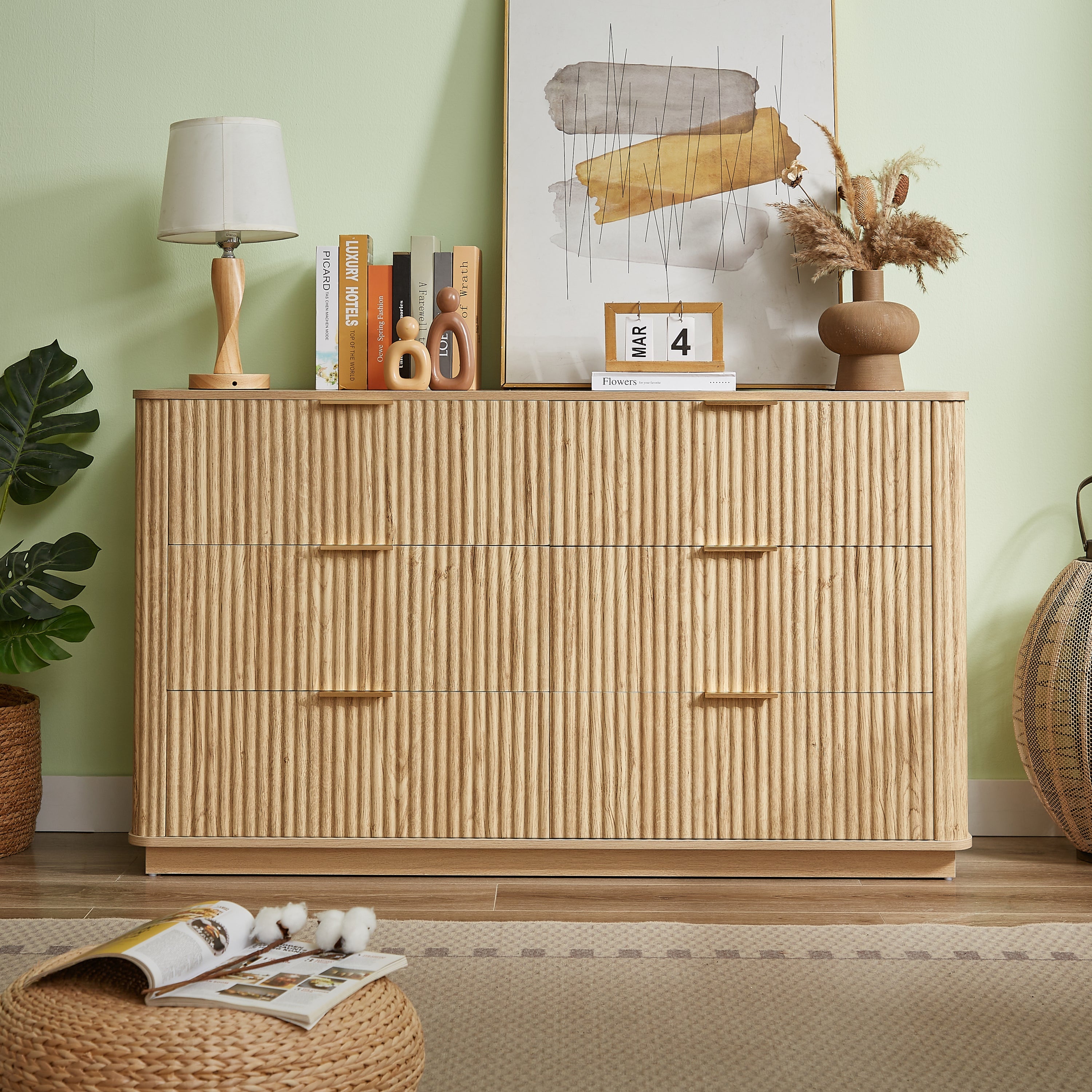 6 Drawer Dresser 55"W Curved Wave Design Walnut Wood