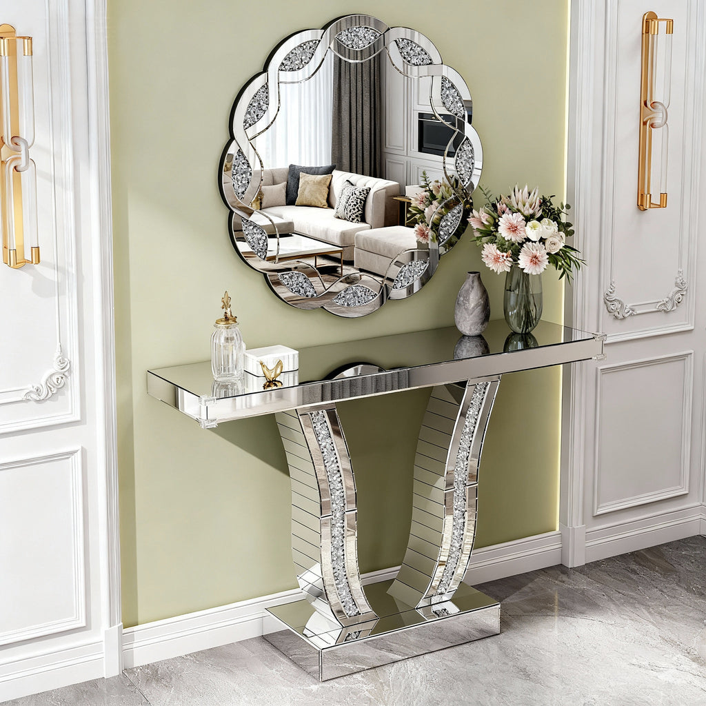 31.5" Silver Wave Diamond Round Wall Mirror