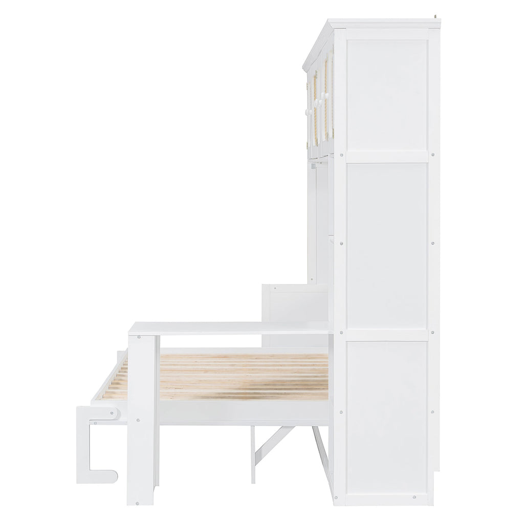 Murphy Bed with Desk and Rattan Cabinets, Warm White
